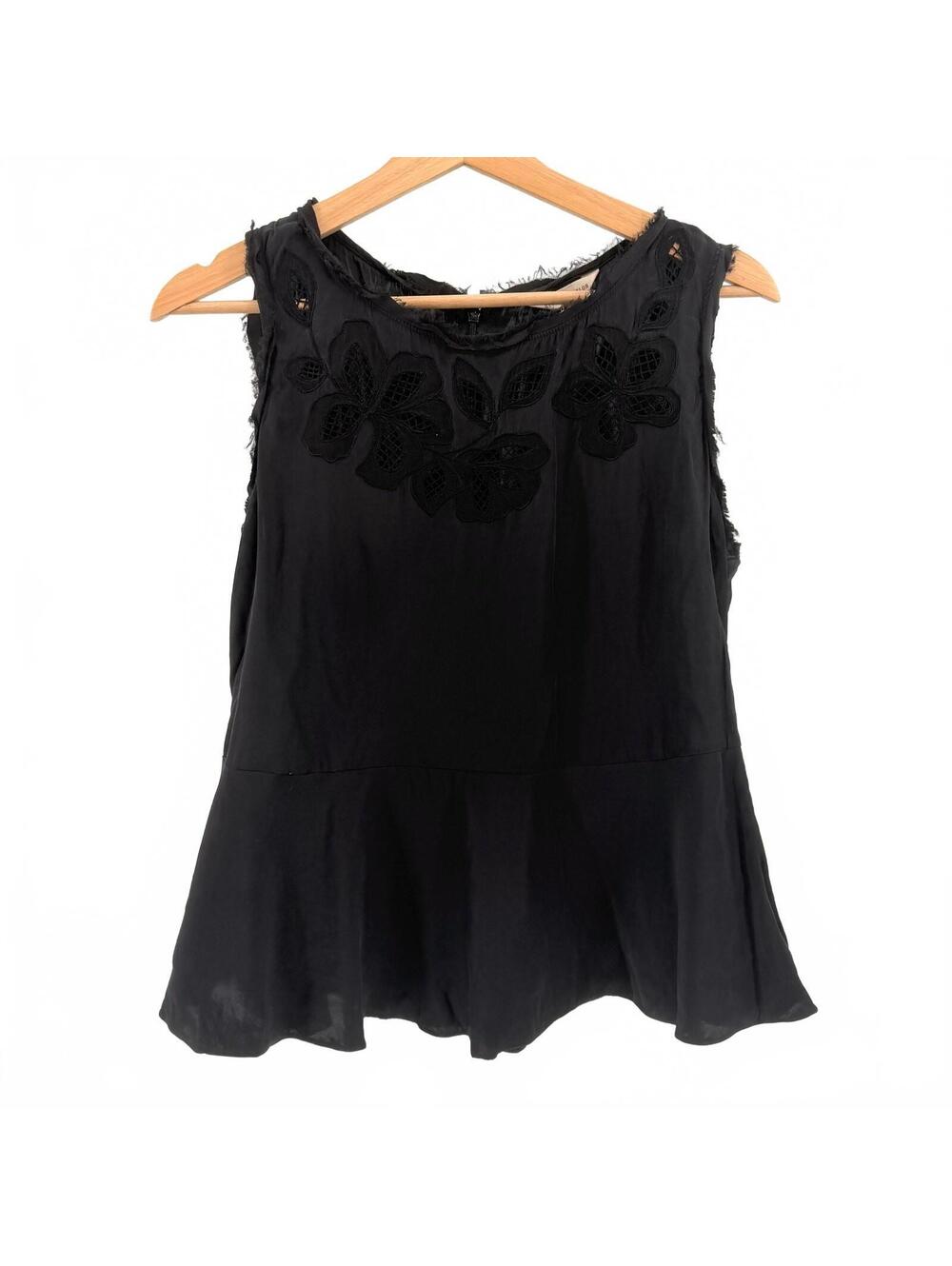 Rebecca Taylor Black Silk Floral Appliqué Peplum Blouse
